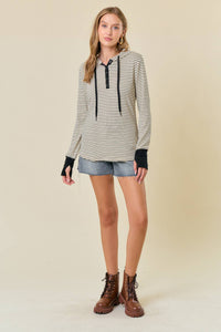 STRIPE LONG SLEEVE HENLEY HOOD