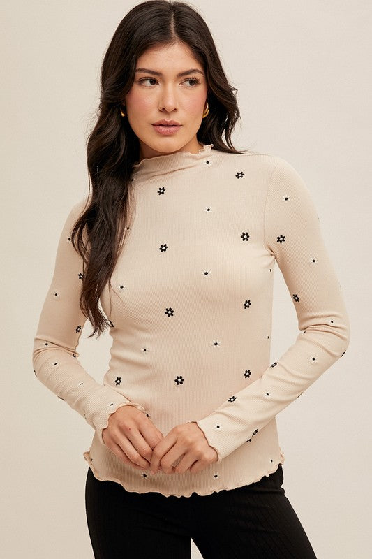 EMBROIDERED RIB MOCK NECK