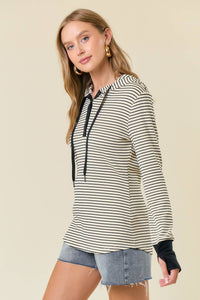 STRIPE LONG SLEEVE HENLEY HOOD