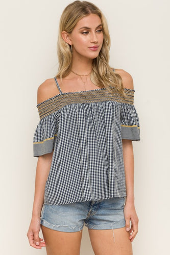 Denim Gingham Off the Shoulder Top