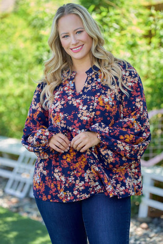 Navy Ruffled Neck Top