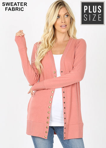 Curvy Ash Rose Snap Button Cardigan W/ Pockets